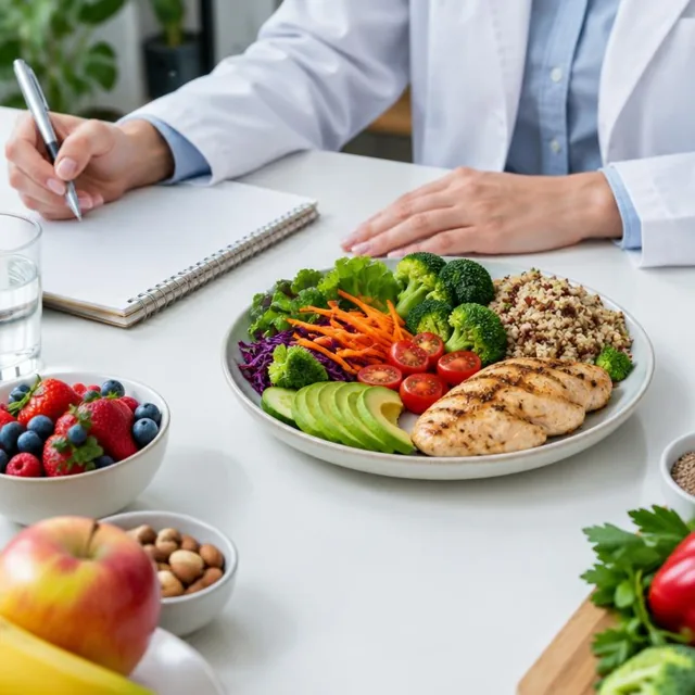 Detalhe ilustrativo de atendimento em Nutrição, sem rostos